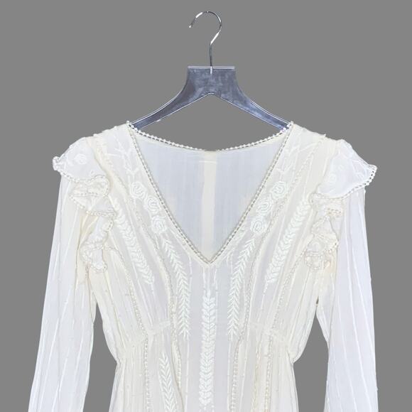 Free People 0 Ivory Isabella Mini Dress Ruffle Swing Long Sleeve Feminine - Picture 5 of 11